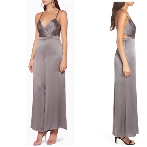 FAME AND PARTNERS Grey Silk Cutout Jumpsuit - Picture 2 of 8